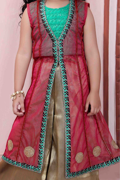 Pink and Green Colour Net Party Wear Palazzo Pant Suit VSGW1070012