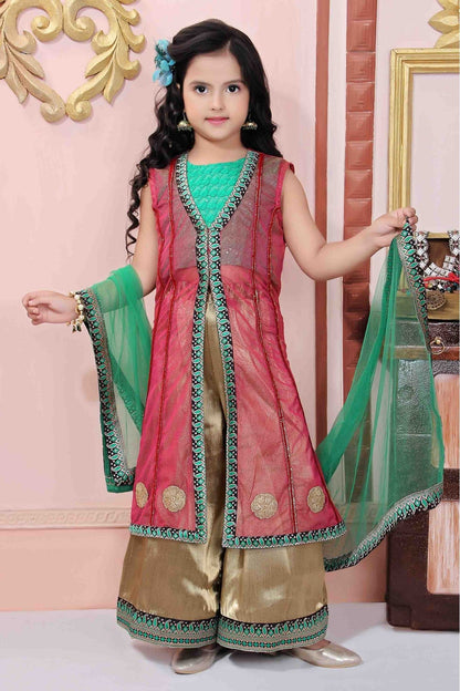 Pink and Green Colour Net Party Wear Palazzo Pant Suit VSGW1070012