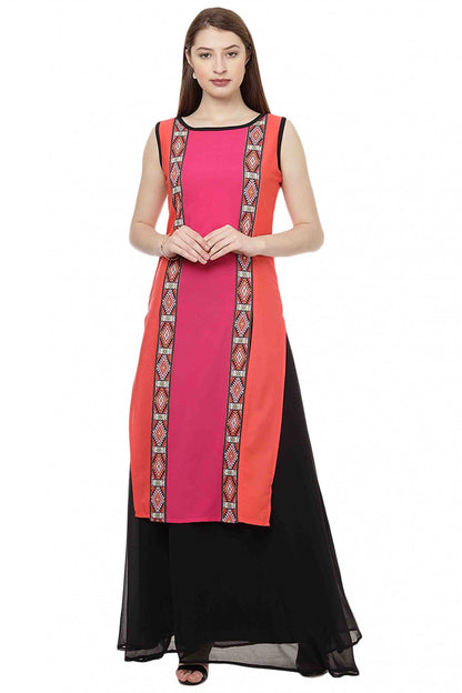 Pink and Orange Colour Plus Size Crepe Straight Kurti