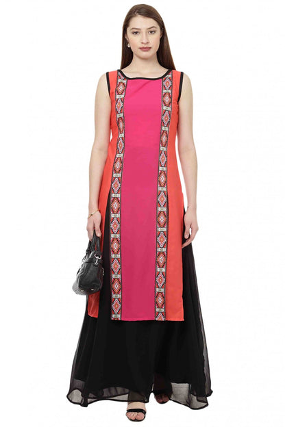 Pink and Orange Colour Plus Size Crepe Straight Kurti