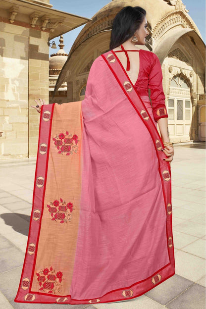 Pink and Peach Colour Cotton Designer Saree