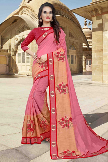 Pink and Peach Colour Cotton Designer Saree