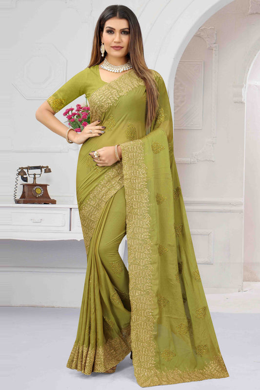 Pista Green Colour Chiffon Designer Saree