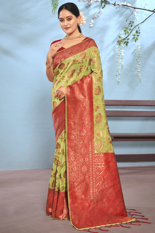 Pista Green Colour Cotton Traditional Saree In Woven Work