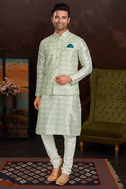 Pista Green Colour Kurta Pajama With Jacket In Malai Silk