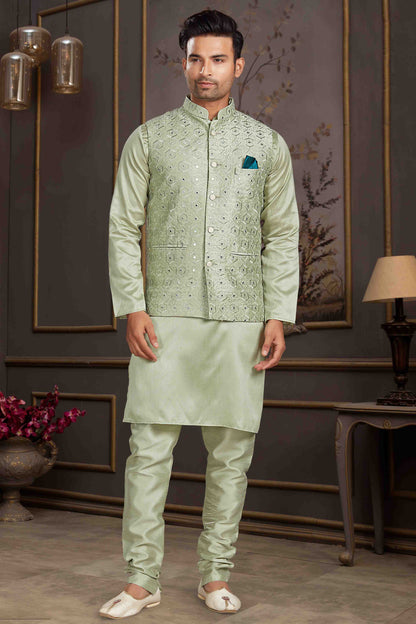 Pista Green Colour Kurta Pajama With Jacket In Silk Mastani