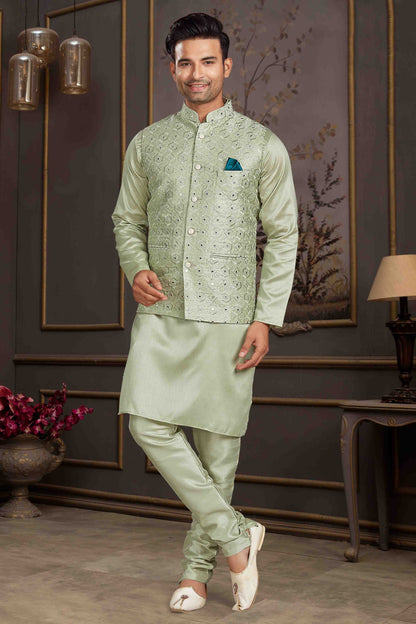 Pista Green Colour Kurta Pajama With Jacket In Silk Mastani