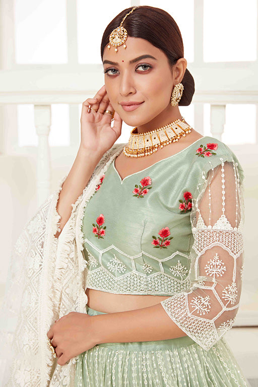 Pista Green Colour Net Designer Lehenga Choli