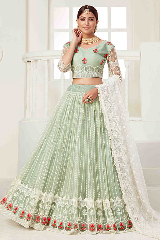 Pista Green Colour Net Designer Lehenga Choli