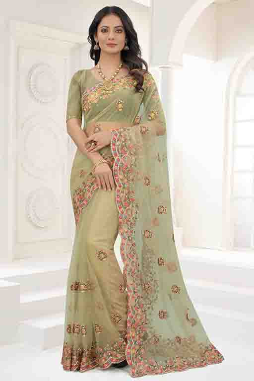 Pista Green Colour Net Designer Saree