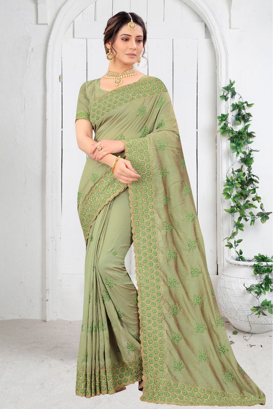 Pista Green Colour Vichitra Silk Embroidery Saree