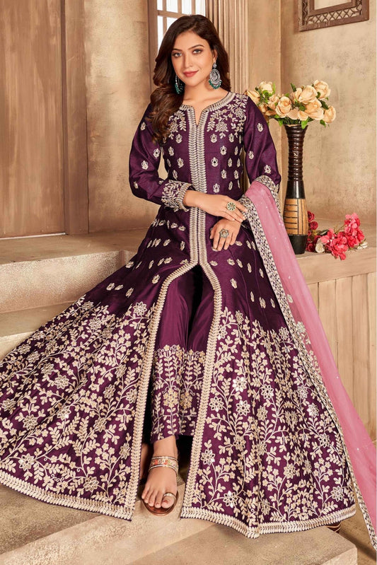 Purple Colour Art Silk Pant Style Suit