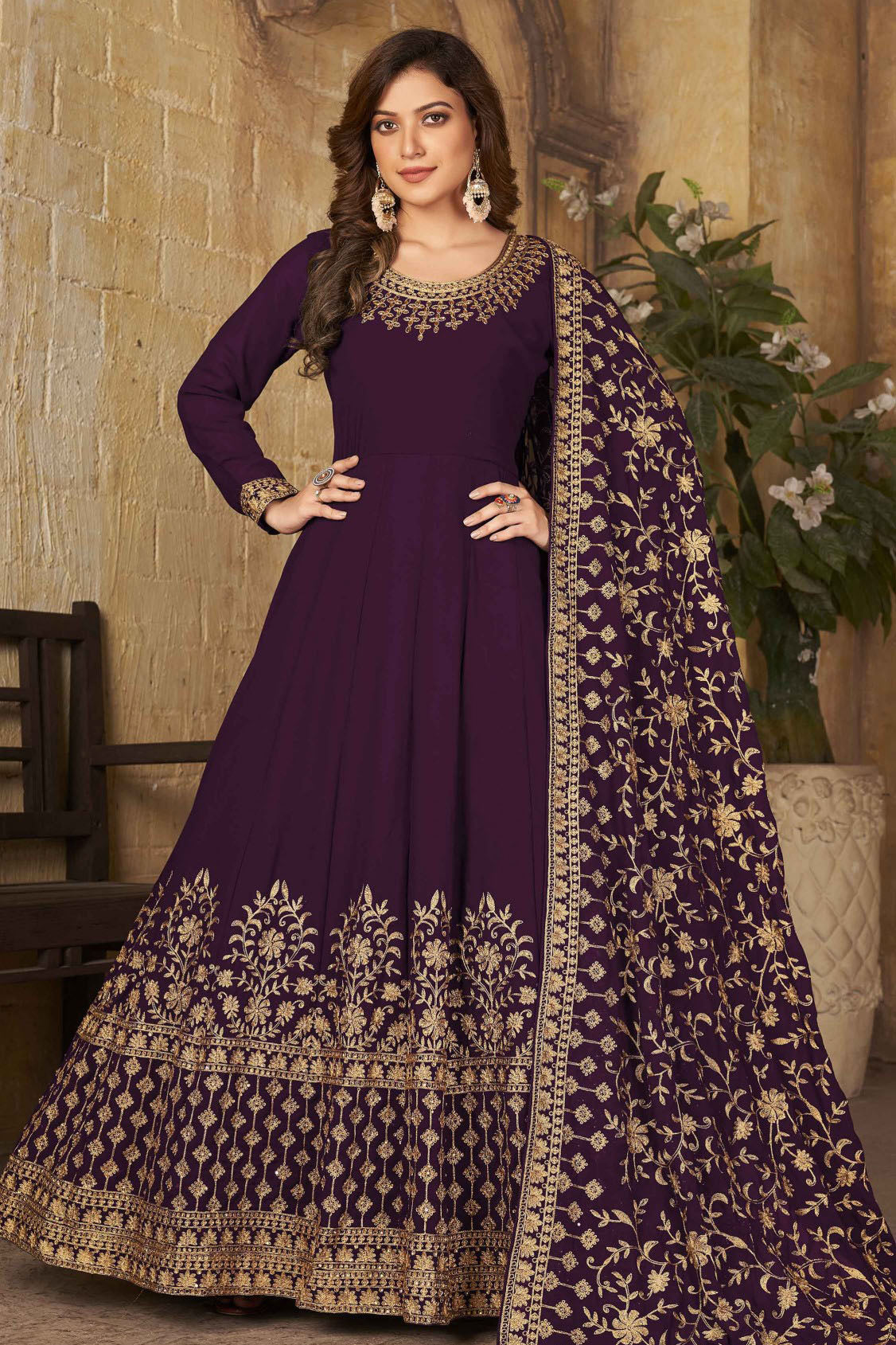 Purple Colour Faux Georgette Embroidery Anarkali Suit