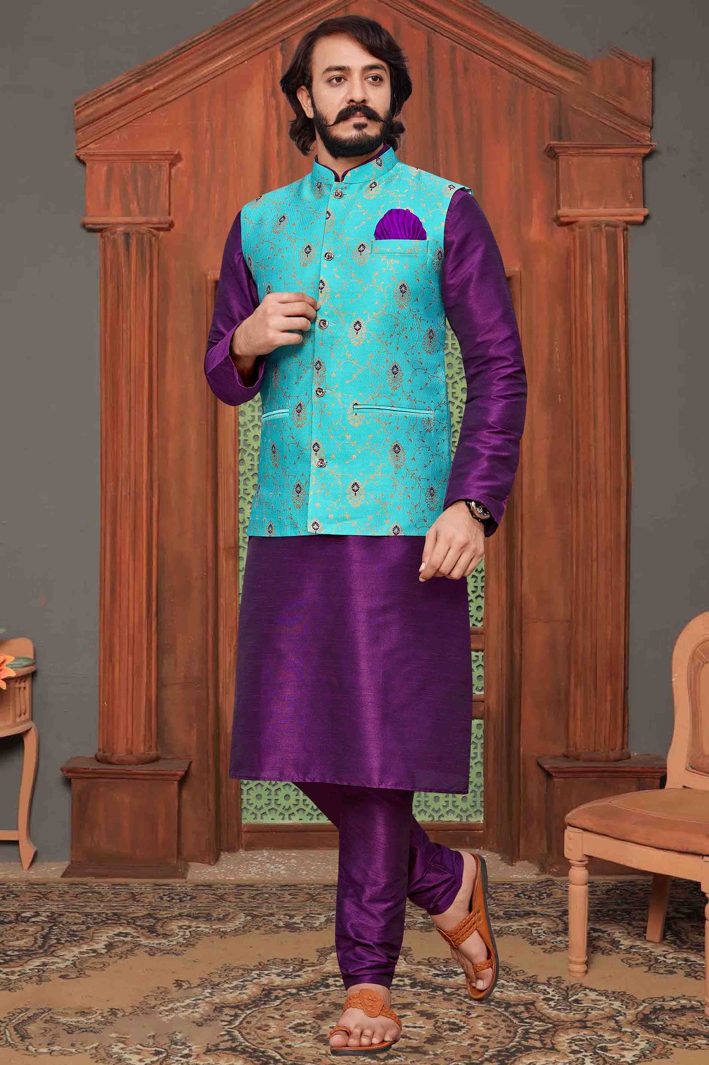 Purple Colour Kurta Pajama With Jacket In Art Silk