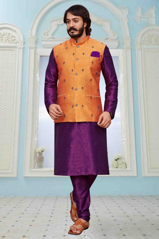 Purple Colour Kurta Pajama With Jacket In Fancy Silk