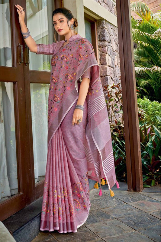 Purple Colour Linen Thread Work Saree