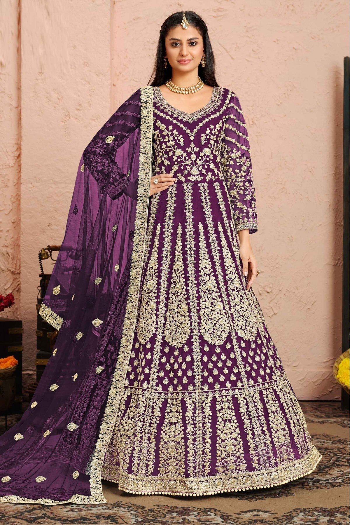 Purple Colour Net Anarkali Suit