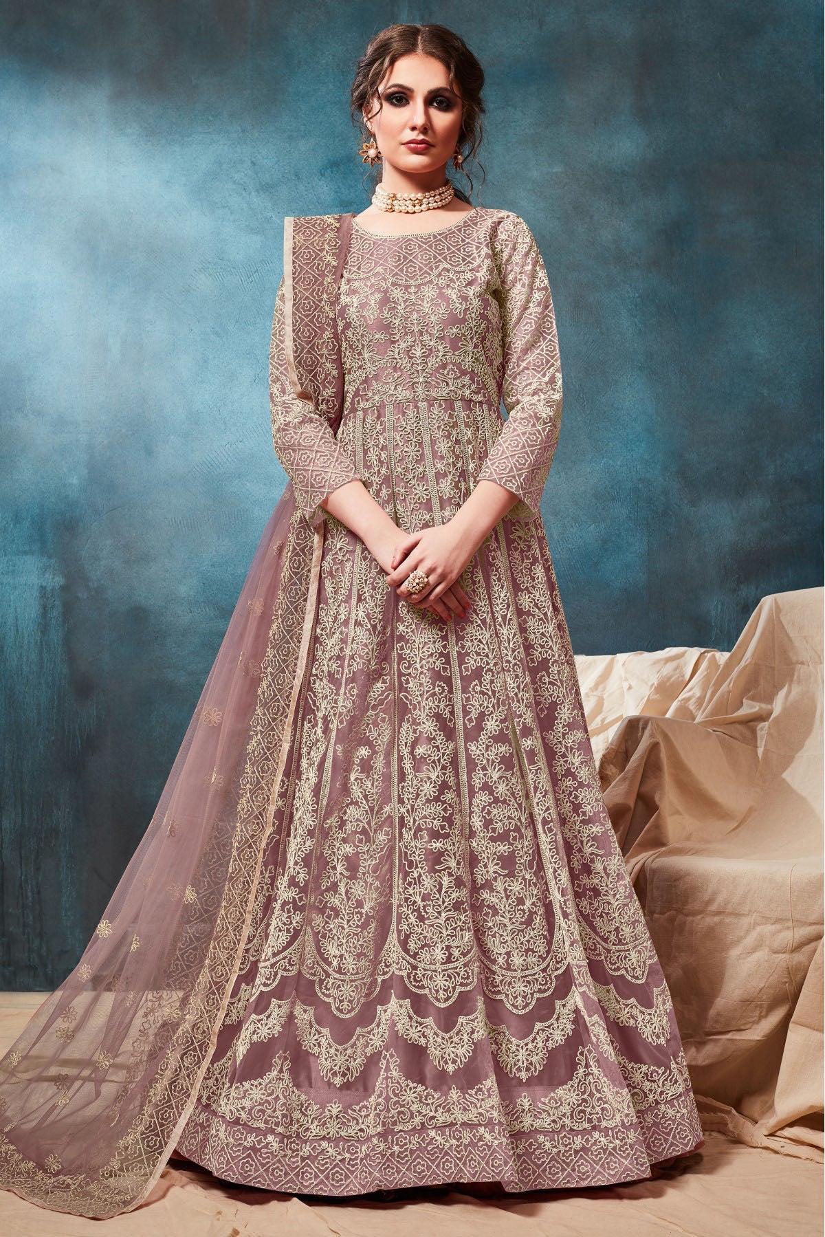 Purple Colour Net Embroidery Anarkali Suit