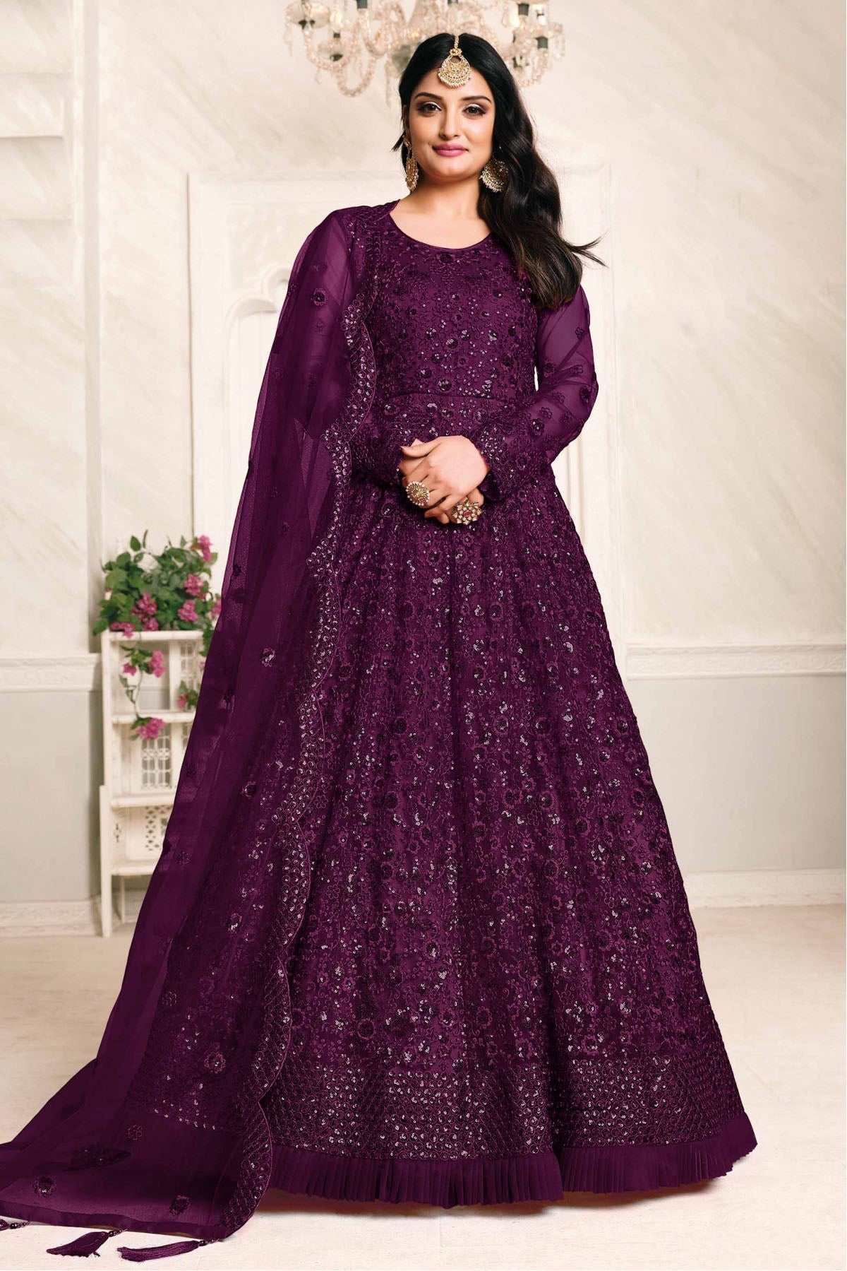 Purple Colour Net Embroidery Anarkali Suit