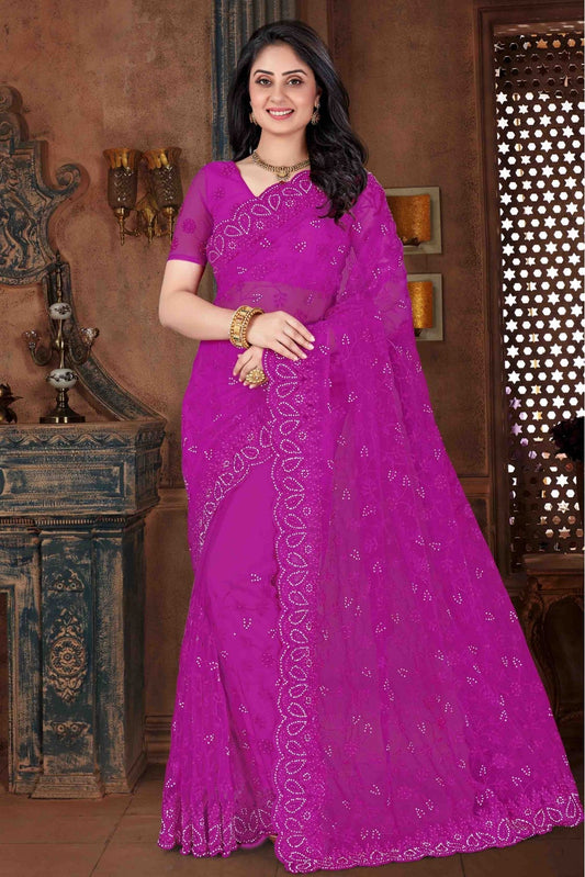 Purple Colour Net Embroidery Saree