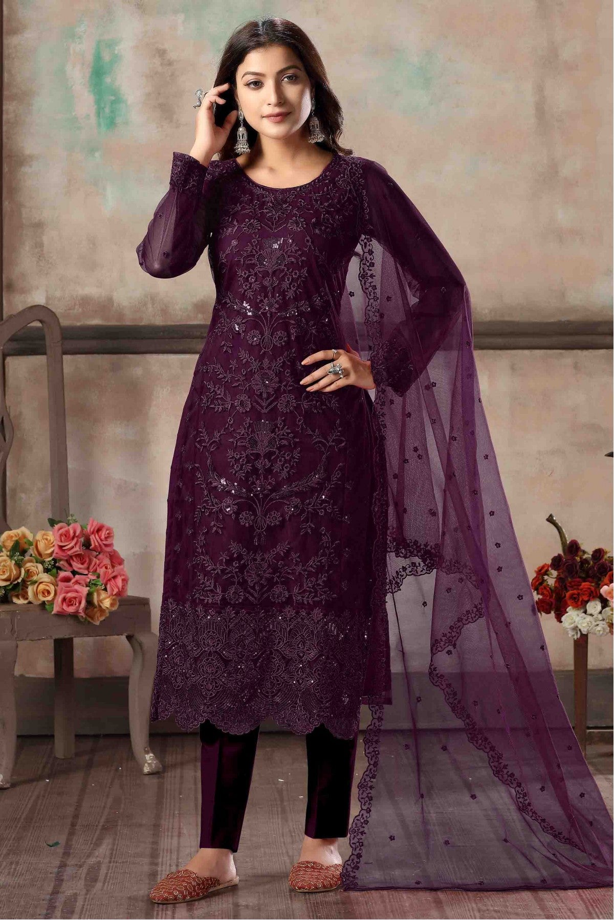 Purple Colour Net Pant Style Suit