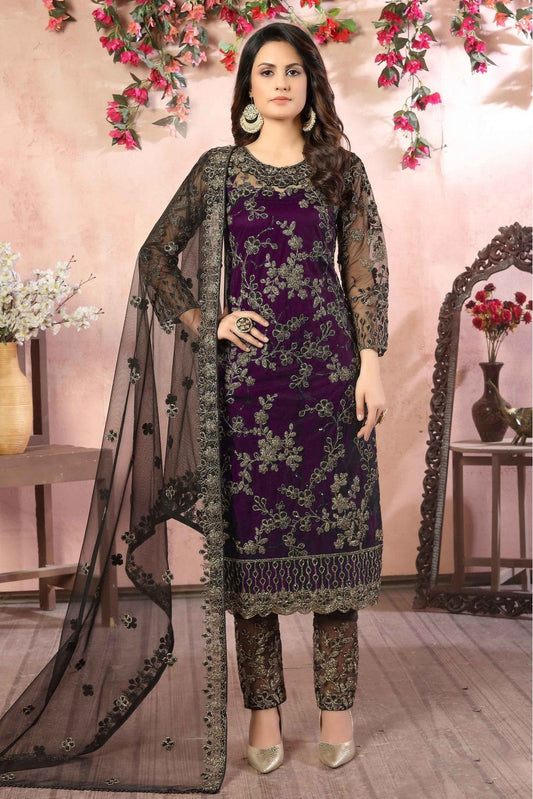 Purple Colour Net Pant Style Suit