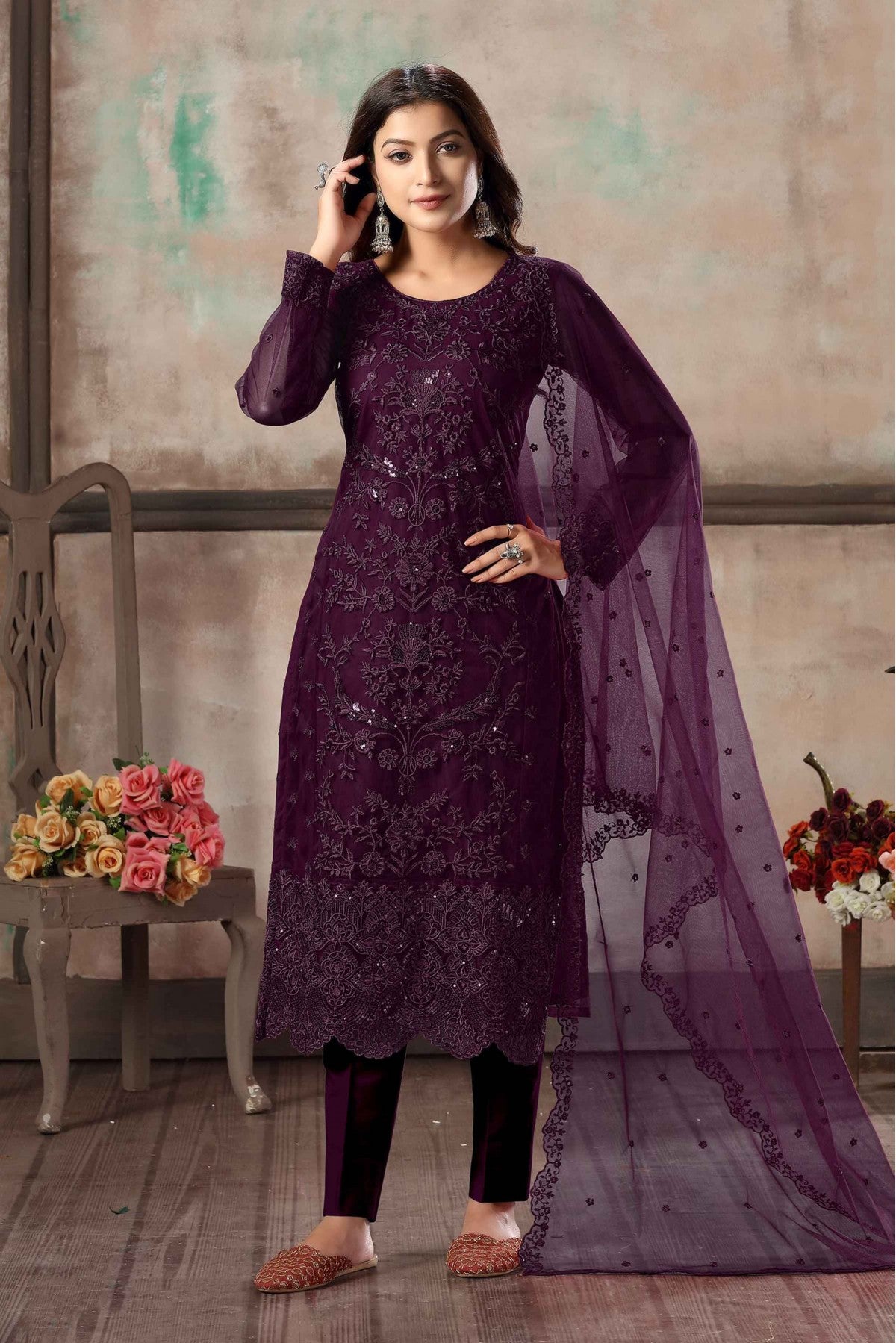 Purple Colour Net Pant Style Suit