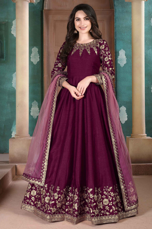 Purple Colour Silk Embroidery Anarkali Suit