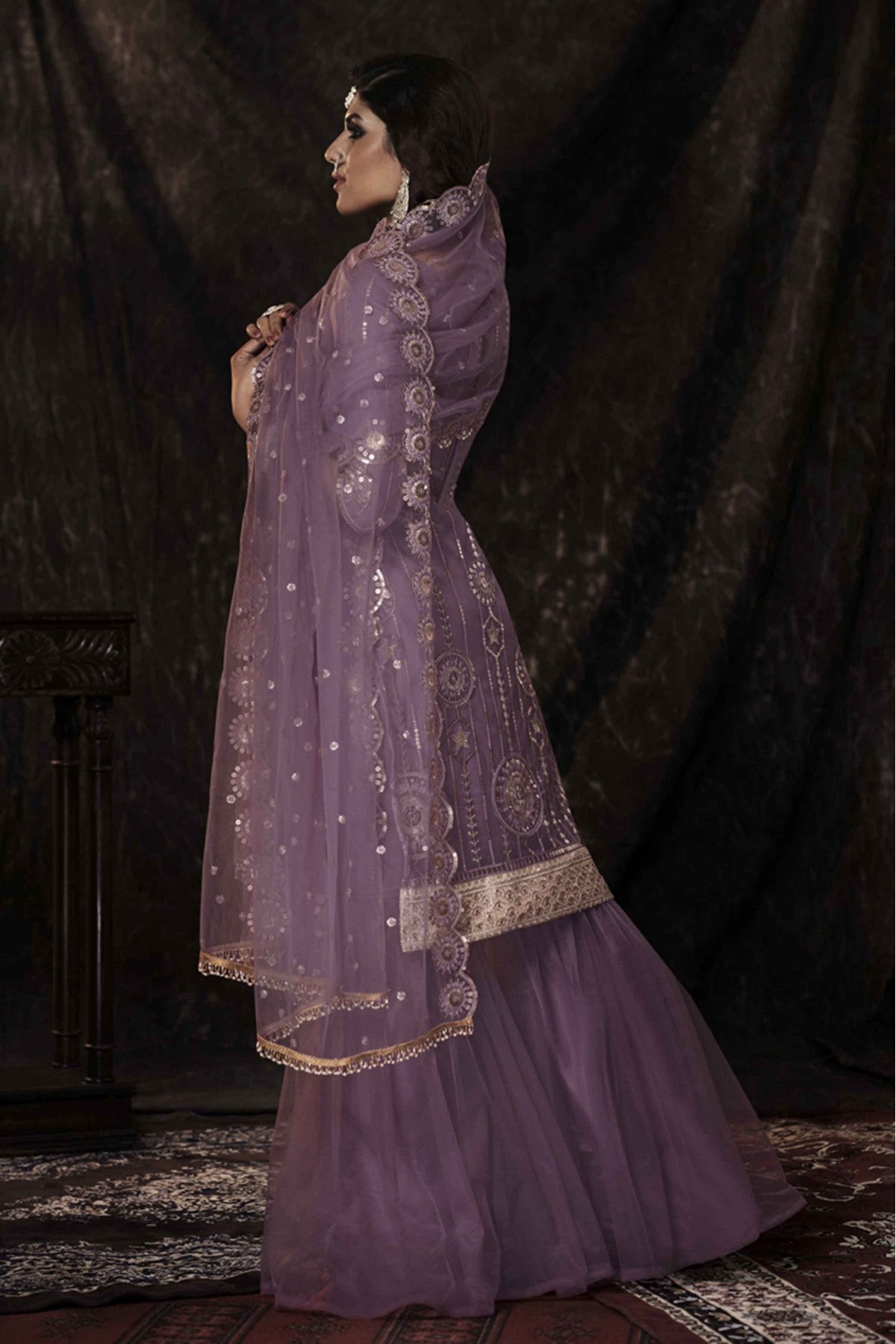 Purple Colour Soft Net Sequins Work Sharara Suit