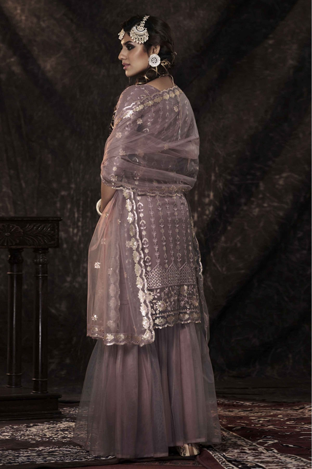 Purple Colour Soft Net Sequins Work Sharara Suit