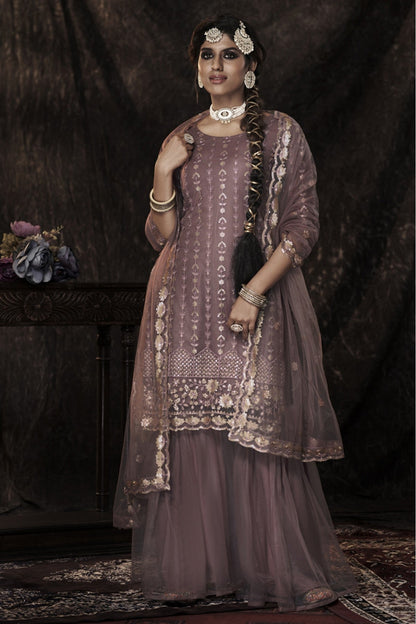 Purple Colour Soft Net Sequins Work Sharara Suit