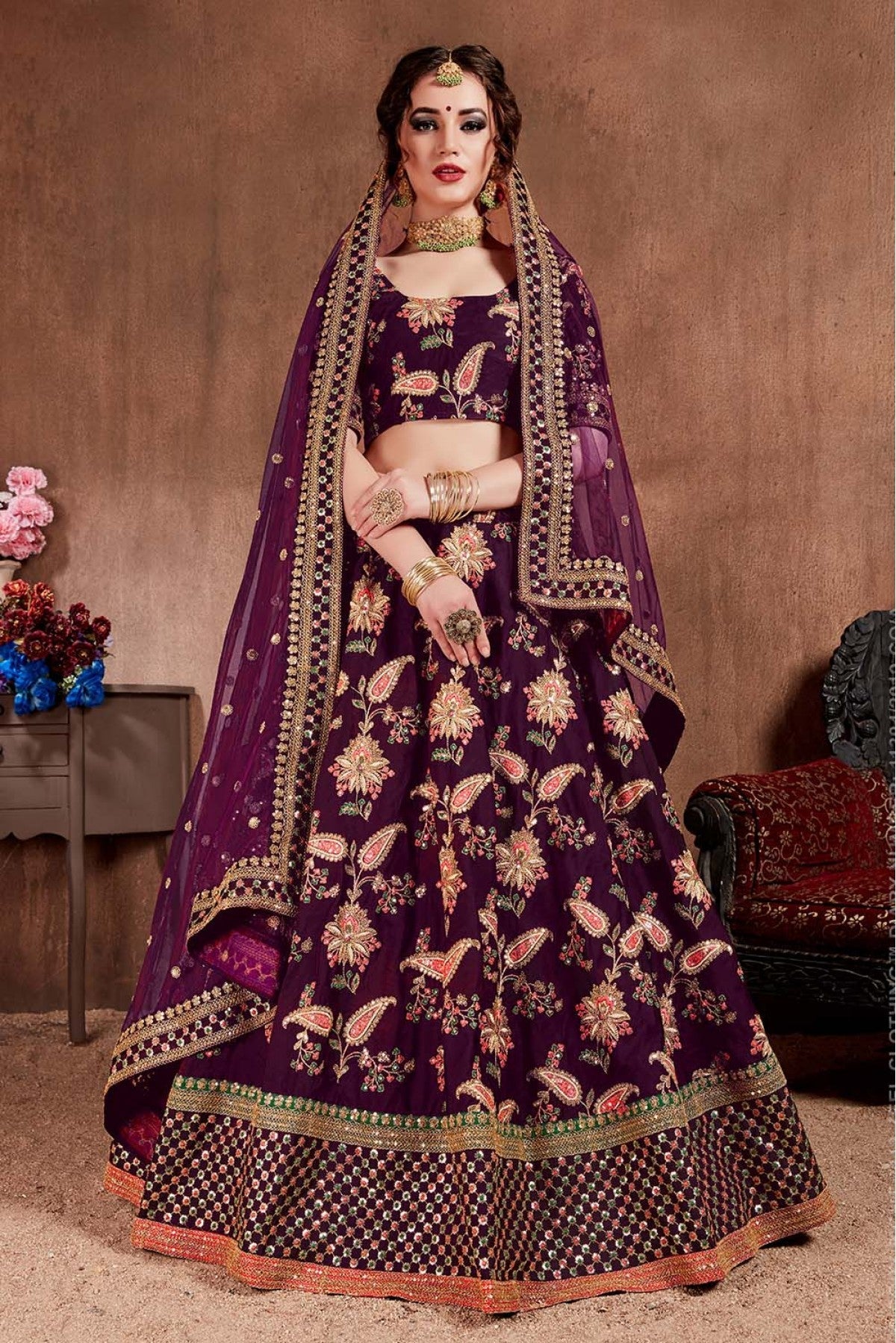 Purple Colour Taffeta Silk Lehenga Choli