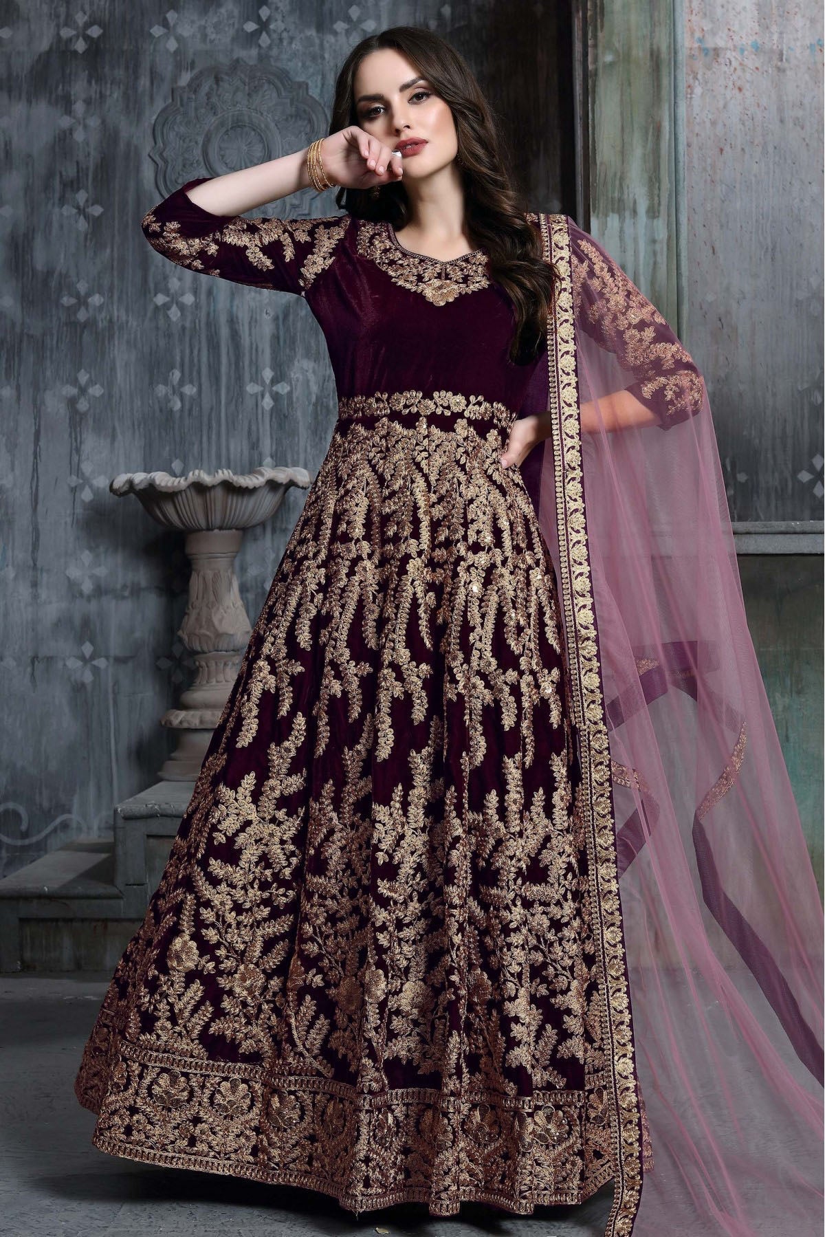 Purple Colour Velvet Embroidery Anarkali Suit