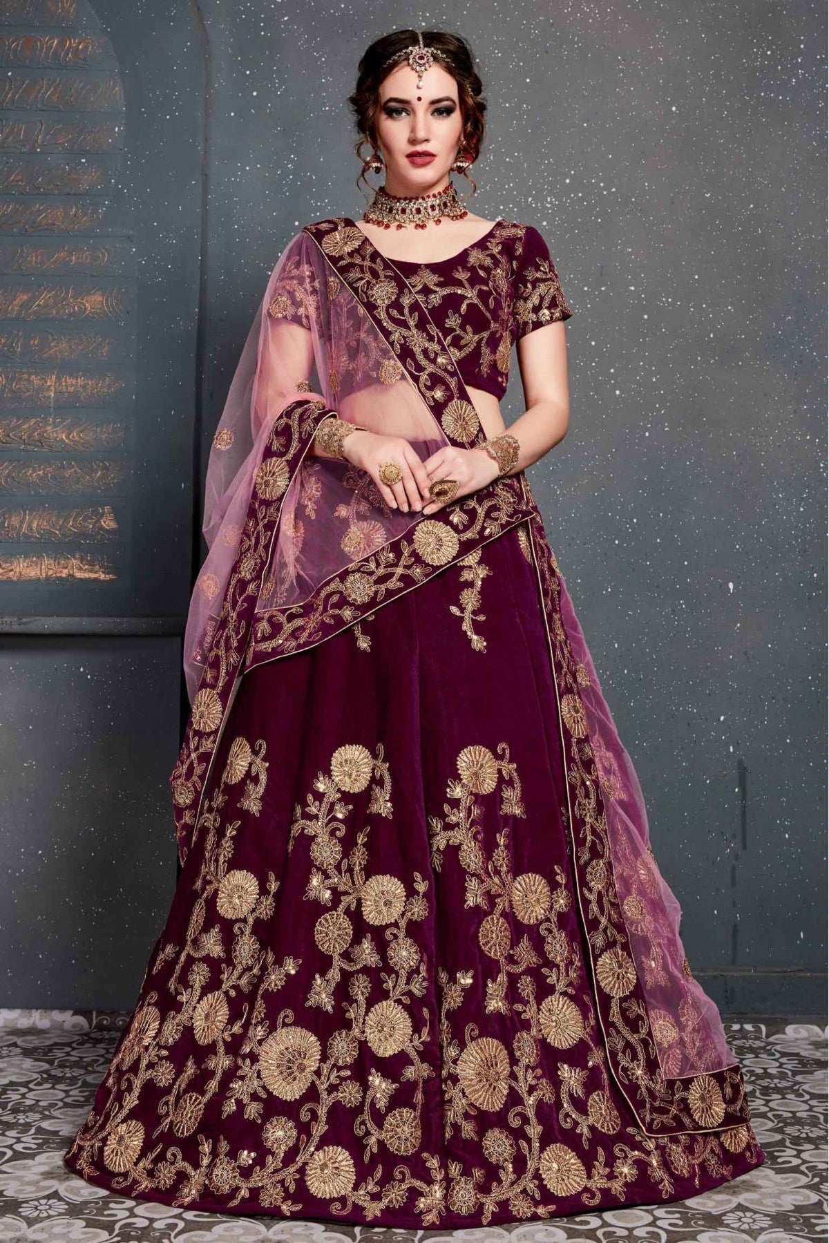 Purple Colour Velvet Lehenga Choli