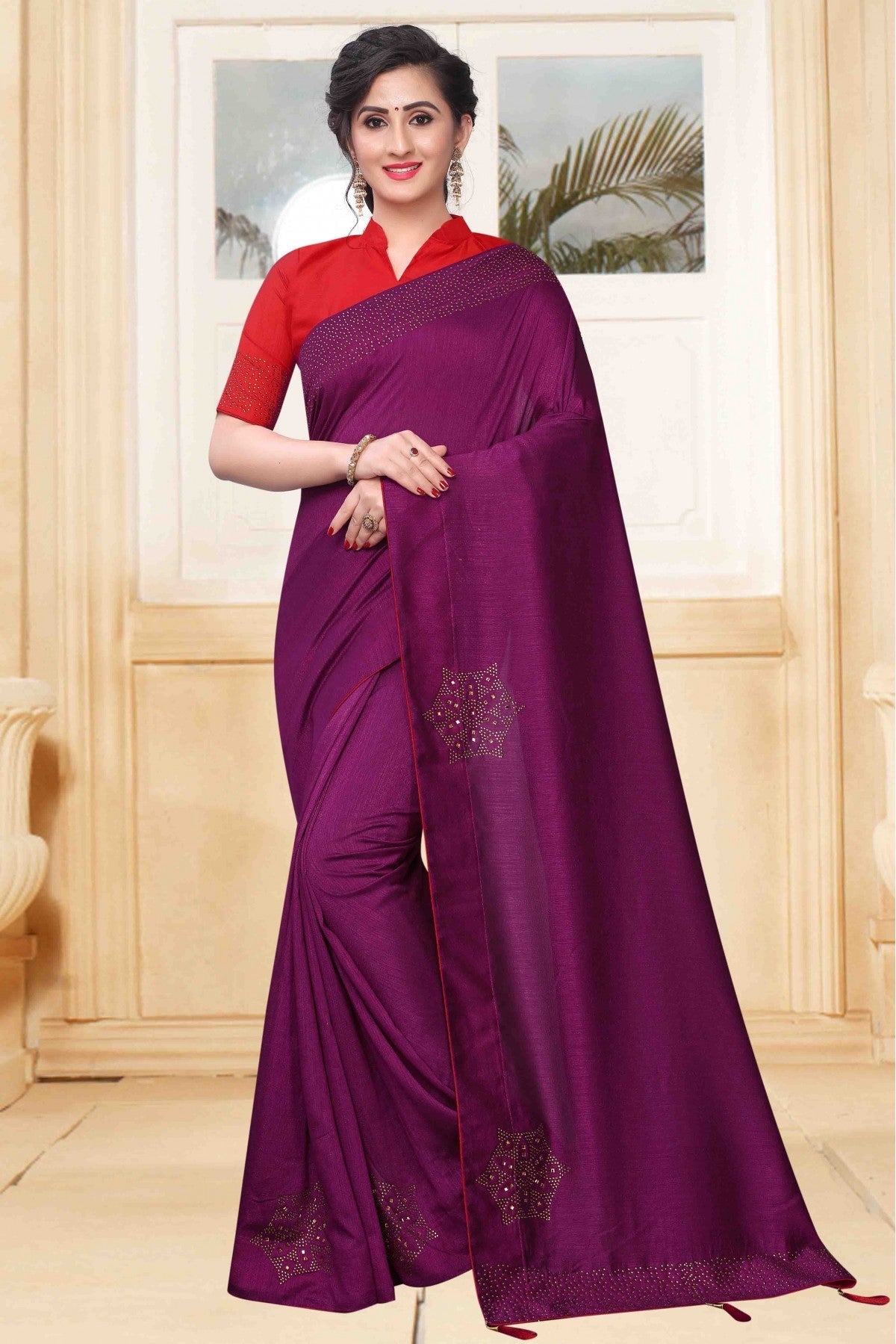 Purple Colour Vichitra Silk Designer Saree