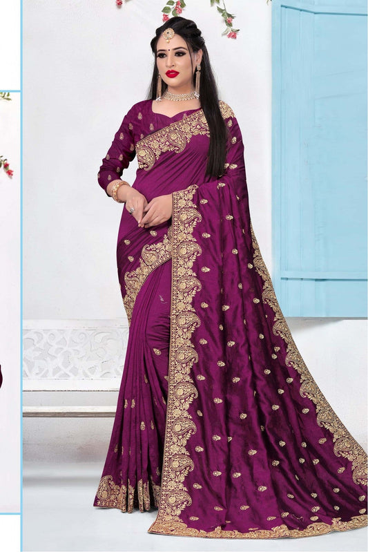 Purple Colour Vichitra Silk Embroidery Saree