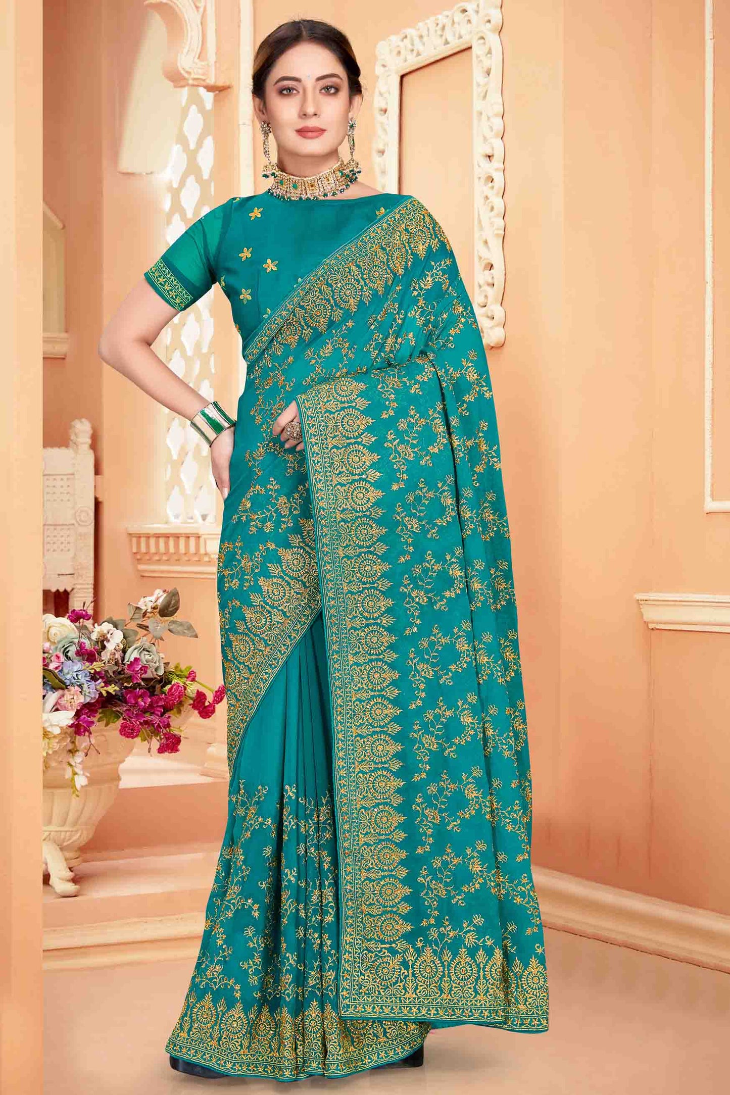 Rama Blue Colour Georgette Designer Saree