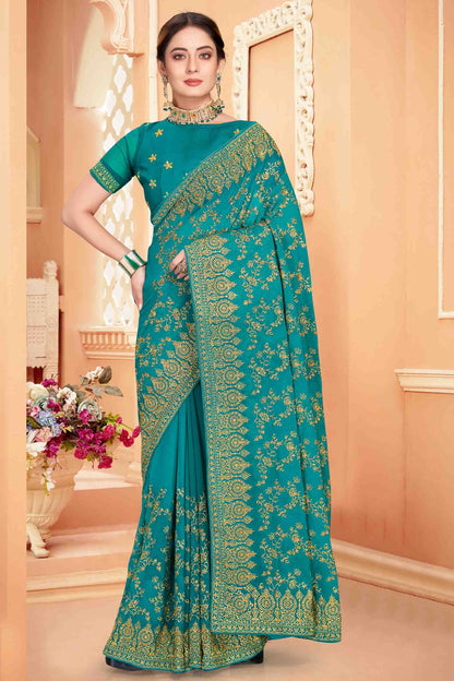 Rama Blue Colour Georgette Designer Saree