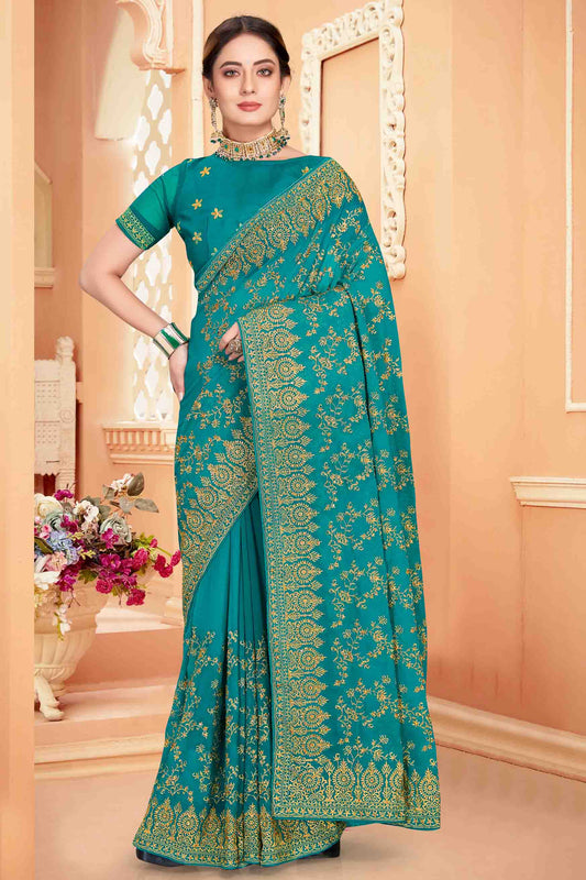 Rama Blue Colour Georgette Designer Saree