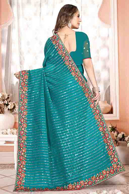 Rama Green Colour Georgette Designer Saree