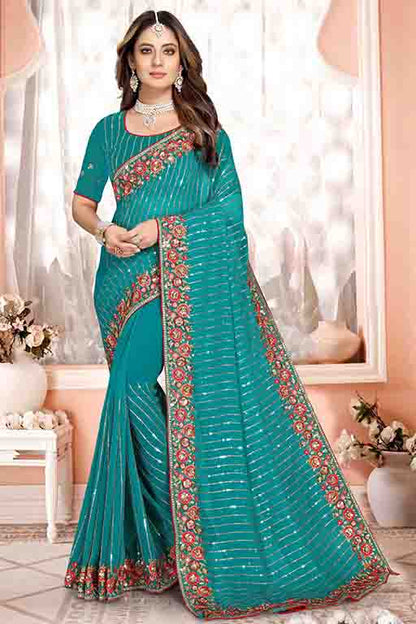 Rama Green Colour Georgette Designer Saree