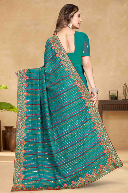 Rama Green Colour Georgette Designer Saree