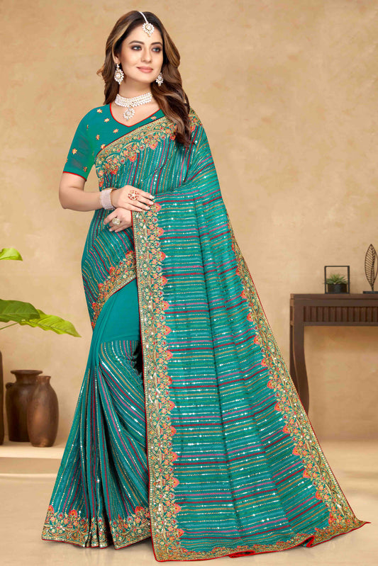 Rama Green Colour Georgette Designer Saree