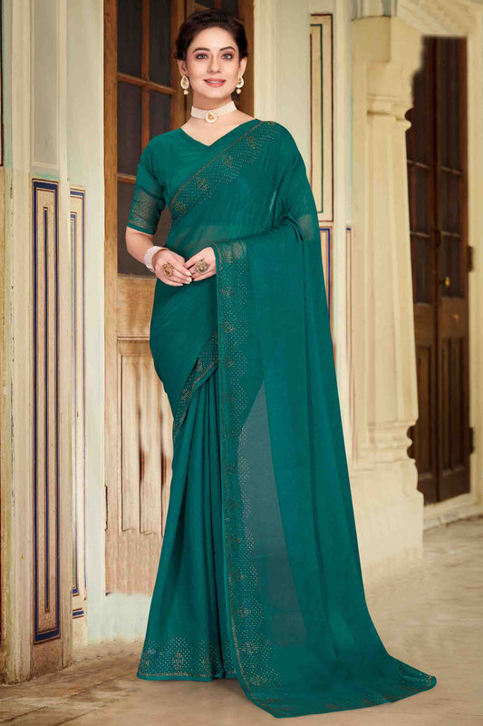 Rama Green Colour Simmer Chiffon Designer Saree