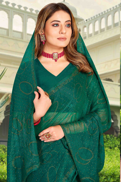 Rama Green Colour Simmer Chiffon Designer Saree