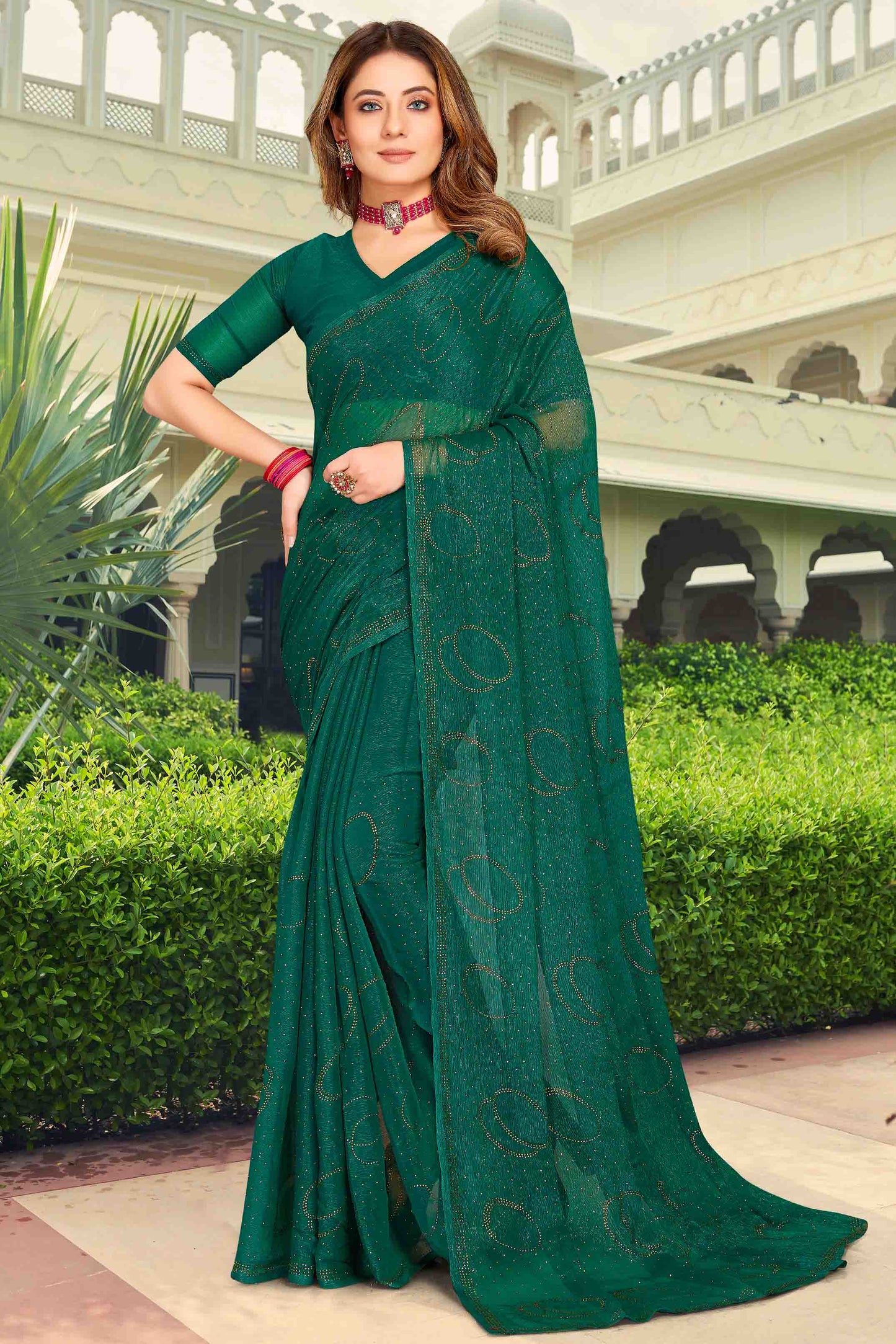 Rama Green Colour Simmer Chiffon Designer Saree