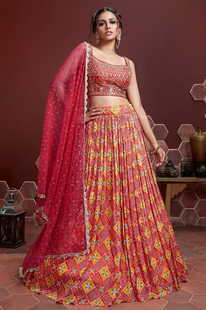 Red Chinnon Silk Designer Lehenga Choli