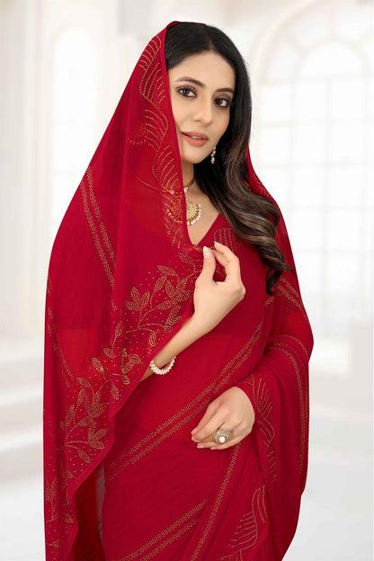 Red Colour Chiffon Stone Work Saree