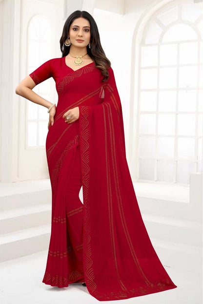 Red Colour Chiffon Stone Work Saree