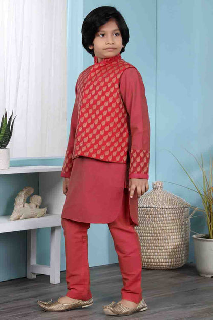 Red Colour Cotton Silk Kurta Pajama With Jacket VSBW1070095